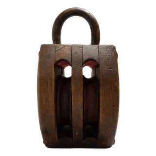 Industrial Ash and Iron Double Pulley Block Maritime Sculpture, 1930s For Sale