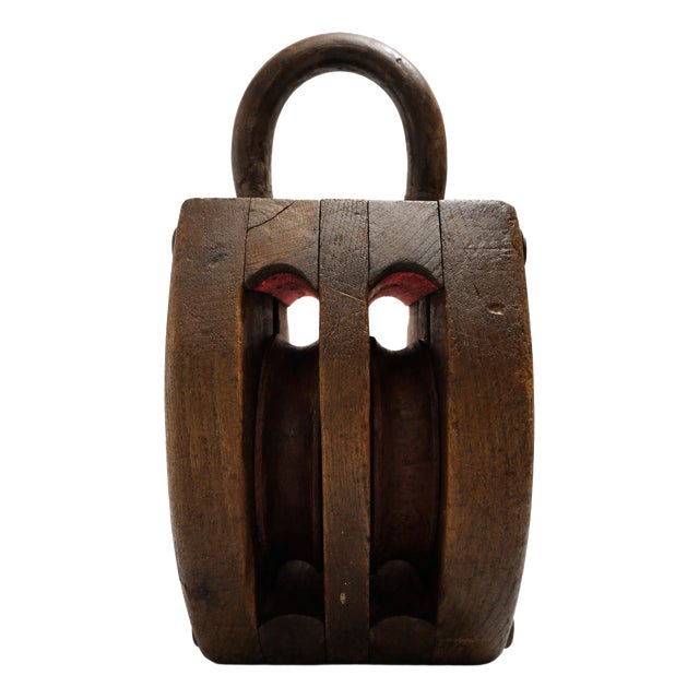Industrial Ash and Iron Double Pulley Block Maritime Sculpture, 1930s For Sale