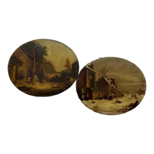 Pair of 19th Century Landscapes - Depicting, a Winter Scene and Depicting Children, Feeding a Pair of Rabbits