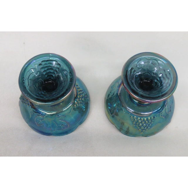 Indiana Carnival Glass Harvest Grape Blue Iridescent Candle Holders a Pair For Sale - Image 11 of 12