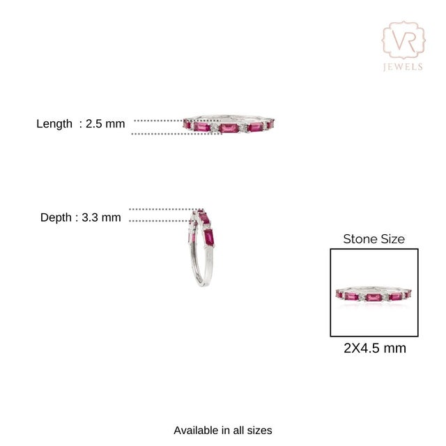 14k White Gold Minimal Baguette Ruby & Diamond Stackable Half Eternity Ring in Size 7 For Sale - Image 9 of 14
