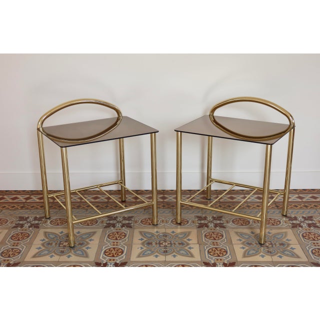 Vintage Gold-Tone Metal and Smoked Mirrored Glass Bedside Tables, 1970s, Set of 2 For Sale - Image 10 of 10