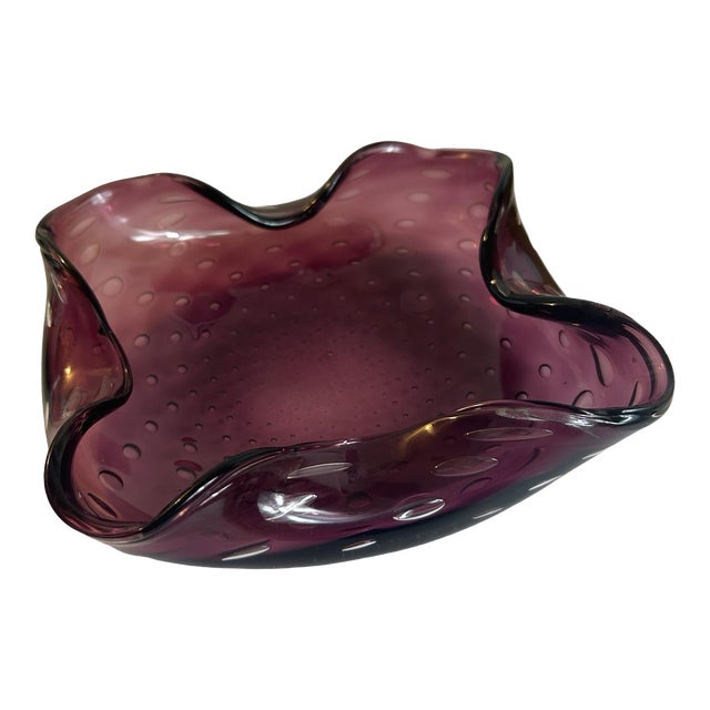 Vintage 1970s Art Glass Bowl Ashtray Amethyst Purple Bubble Bullicante Attributed to Murano For Sale