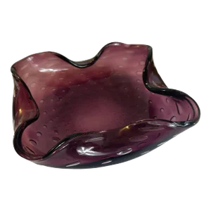 Vintage 1970s Art Glass Bowl Ashtray Amethyst Purple Bubble Bullicante Attributed to Murano
