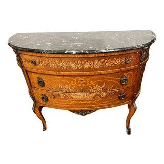 Mid 20th Century Marble Top Three Drawer Floral Motif Commode For Sale
