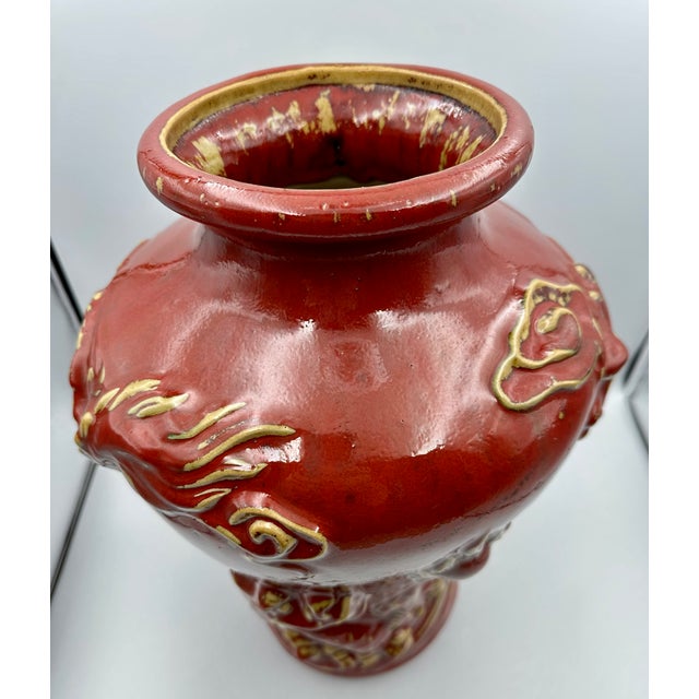 Oxblood Red Chinese Vintage Sang De Boeuf Oxblood Glaze Ceramic Vase With Twin Dragons For Sale - Image 8 of 11