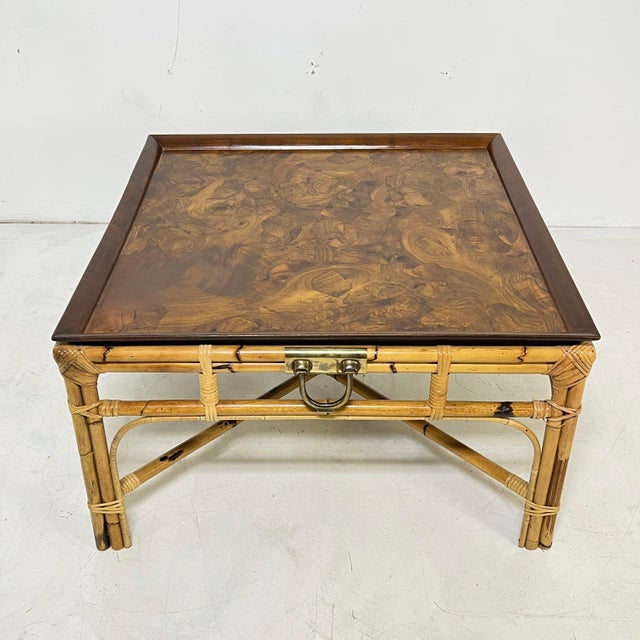 Mid-Century Modern C. 1970s Italian Oyster Burl and Wrapped Bamboo Coffee Table For Sale - Image 3 of 9