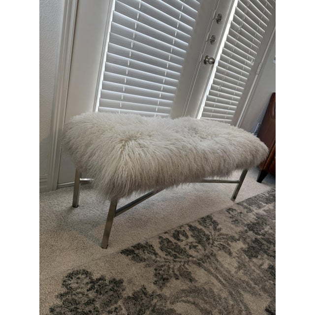 Contemporary Pasargad Home Mongolian Lamb Fur Bench in Cream With Brushed Metal X‑Base For Sale - Image 3 of 8
