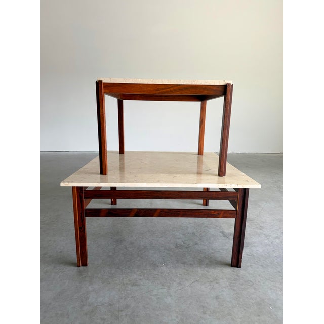 Niels Kofoed 1960’s Danish Rosewood and Travertine Coffee and Side Table Set - Two Pieces For Sale - Image 4 of 12
