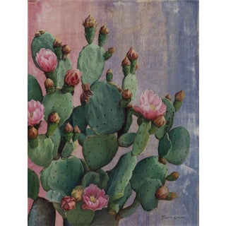 Prickly Pear in Flower by Terra Novak | Oil on wood Cactus with pink flowers and buds For Sale