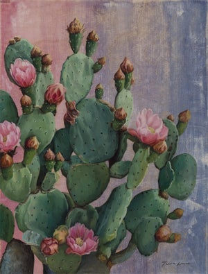 Prickly Pear in Flower by Terra Novak | Oil on wood Cactus with pink flowers and buds