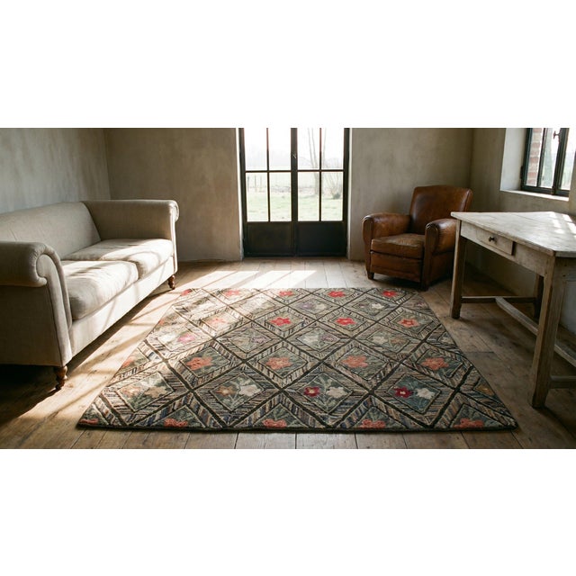 1880s Brown Diamond Folk Art Antique American Hooked Rug 4'4" X 4'9" Handknotted Wool Carpet For Sale - Image 12 of 12