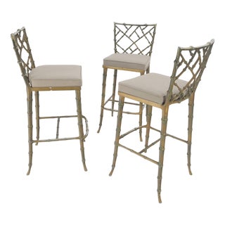 Cast Aluminum set of 3 Faux Bamboo Bar Stools New Alcantera Fabric Upholstery For Sale