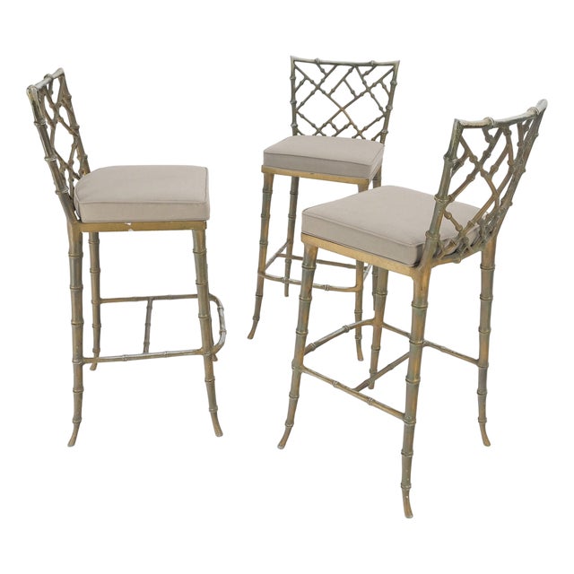 Cast Aluminum set of 3 Faux Bamboo Bar Stools New Alcantera Fabric Upholstery For Sale