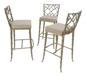 Cast Aluminum set of 3 Faux Bamboo Bar Stools New Alcantera Fabric Upholstery