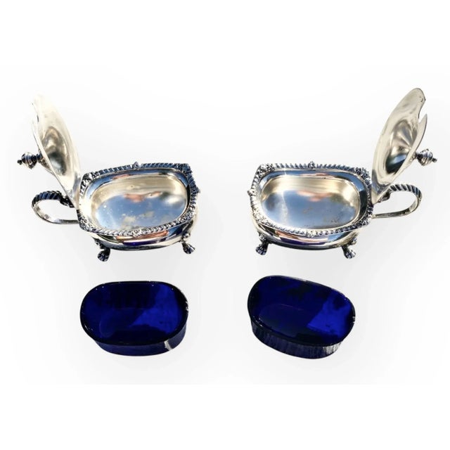 1920s Adie Bros LTD Birmingham Silver Plate Salt Cellars With Cobalt Glass Liners- Set of 2 For Sale - Image 11 of 14