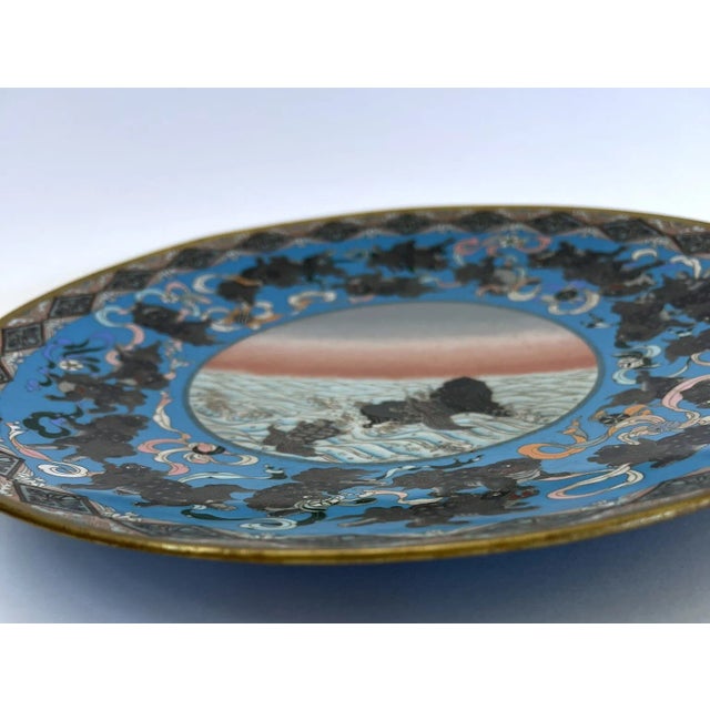 Japanese Antique Japanese Meiji Period Cloisonne Charger With Shishi Lion Dogs and Turtle With Hairy Tails For Sale - Image 3 of 12