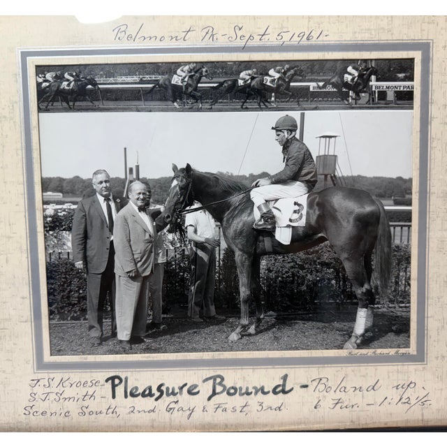 Up for sale is an original vintage 1961 horse racing photograph of winning horse Pleasure Bound at Belmont. This original...