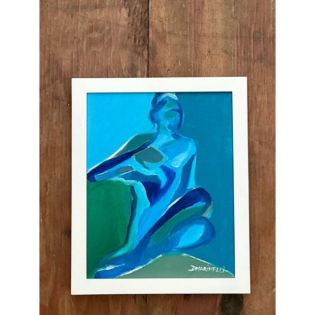 Vintage Figurative Blue Acrylic Oil in Canvas For Sale - Image 10 of 12