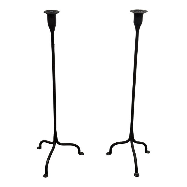 Black Iron Tripod Candlesticks, Pair For Sale