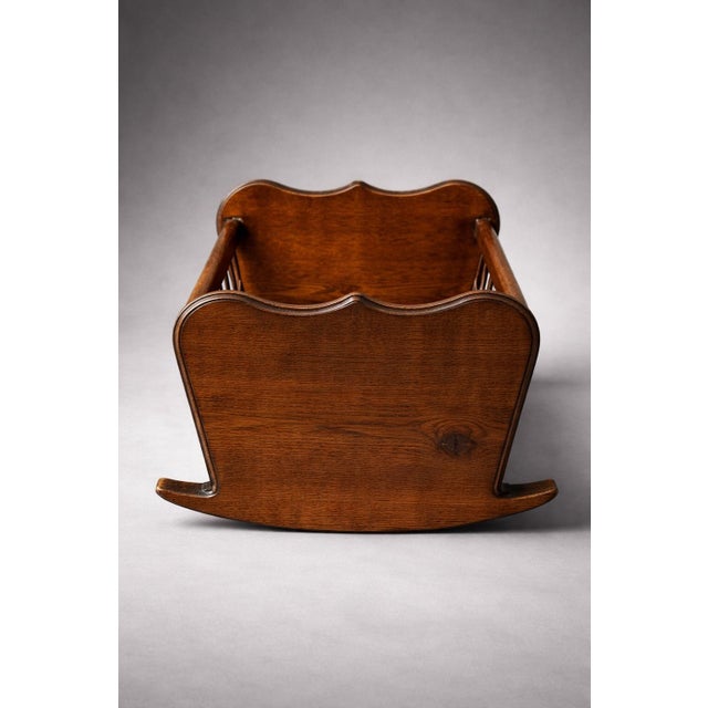 Antique Wooden Doll Bed— Spindle-Side Rocking Bed in Old Chapel Walnut Finish, Decorative Nursery Display Piece For Sale - Image 4 of 8