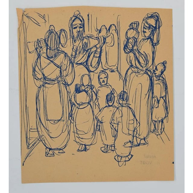 Moroccan female players is an original blue china ink drawing realized by Helen Vogt, in 1930. The state of preservation...