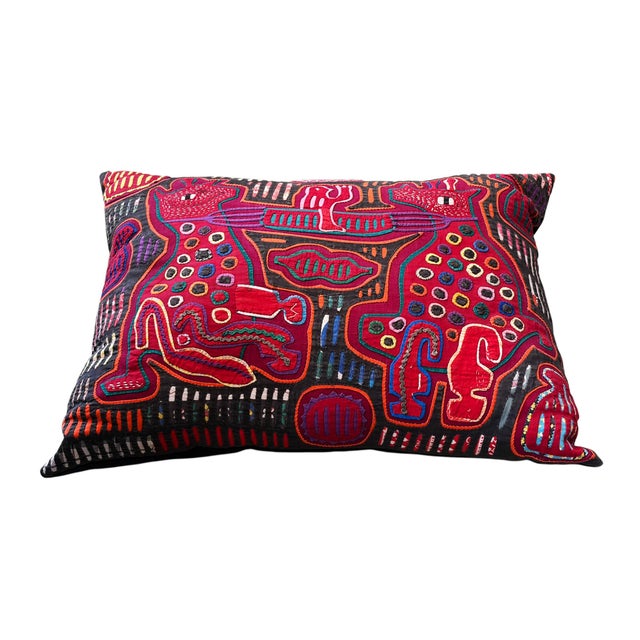 Kuna Mola Hand Sewn Textile Folk Art Embroidered Colorful Throw Pillow 18" For Sale - Image 4 of 5