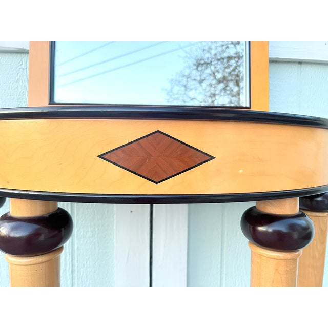 1990s Bombay Company Art Deco Style Maple & Mahogany Demilune Console Table With Mirror, Two Piece For Sale - Image 6 of 12