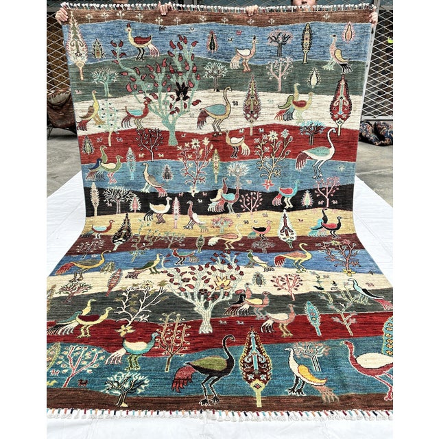Multicolor Afghan Pictorial Bird & Tree Hand-Knotted Wool Rug - 9'7" X 6'9" For Sale - Image 6 of 15