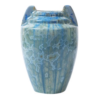 Art Deco Skyscraper Style Speckled Organic Blue Ceramic Vase Signed Pierrefonds For Sale
