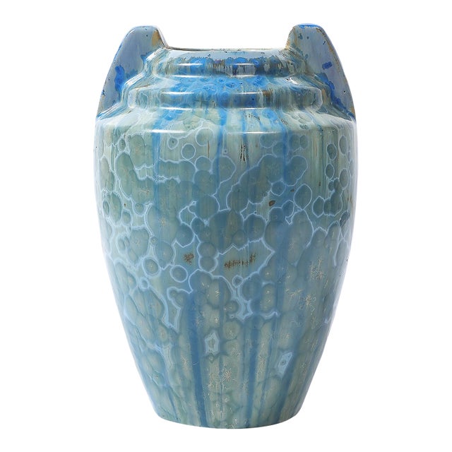 Art Deco Skyscraper Style Speckled Organic Blue Ceramic Vase Signed Pierrefonds For Sale