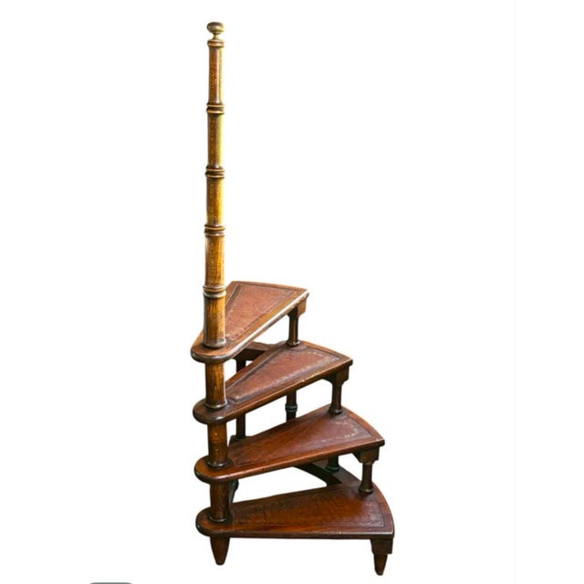 Wood Library Staircase in Leather and Wood, 1900 For Sale - Image 7 of 7