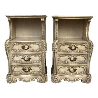 Carved French Rococo Style Pair of Nightstands with Open Shelve, circa 1930s For Sale