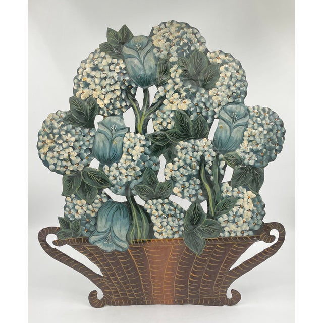 Vintage Toleware Hand-Painted Blue Hydrangea Basket Fireplace Screen Dummy Board For Sale - Image 10 of 12