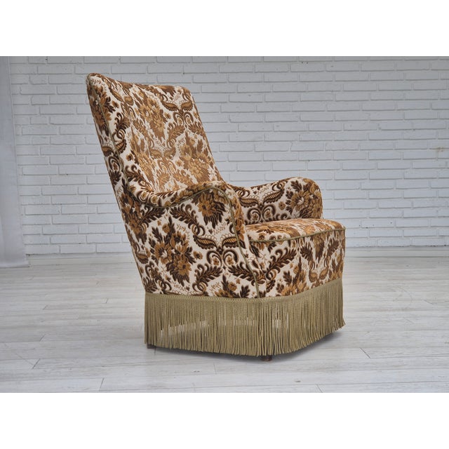 Danish Highback Armchair in Furniture Velour Fabric & Ash Wood, 1960s For Sale - Image 18 of 18
