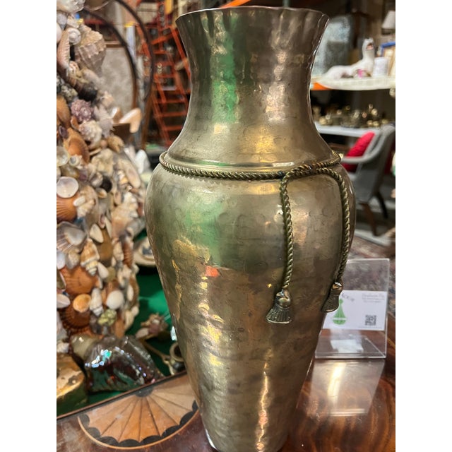Large Vintage Brass Vase With Rope and Tassel Details For Sale - Image 4 of 10