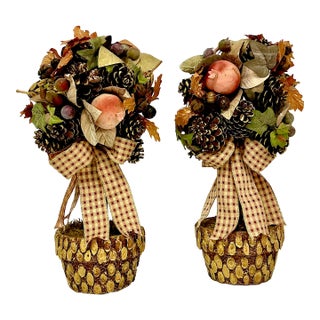 1980s Vintage Rustic Arts & Crafts Boho Chic Fall Mantel Centerpiece Topiaries - A Pair, Thanksgiving. For Sale