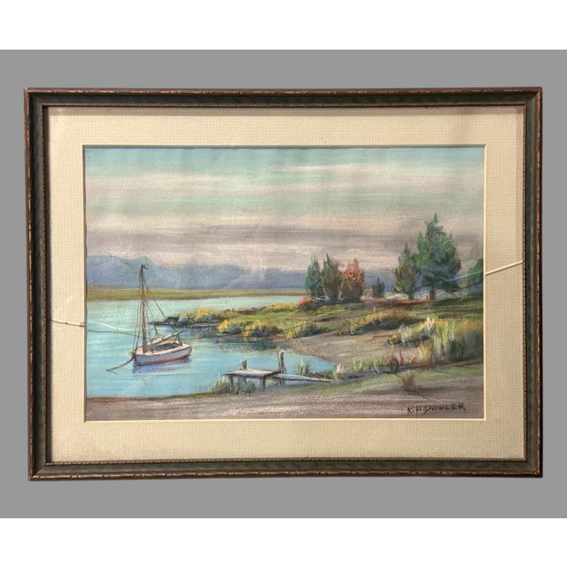 Vintage Riverside Landscape Framed Pastel Watercolor Painting With Sailboat For Sale - Image 6 of 6