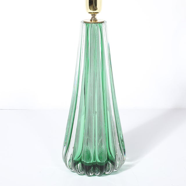 Glass Modernist Hand-Blown Fluted Translucent Sea Green Hue Murano Glass Table Lamps For Sale - Image 7 of 10