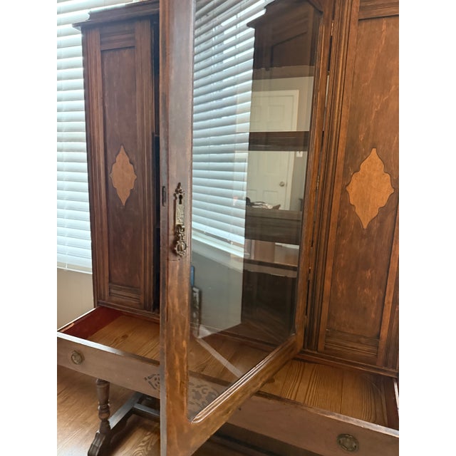 Transitional Antique Colonial Revival Walnut Mirrored Display Cabinet With Drawer, C. 1920s For Sale - Image 3 of 8