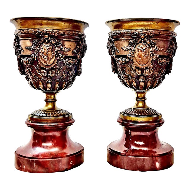 Pair of “Grand Tour” Bronze and Marble Urns by L. Oudry & Cie For Sale