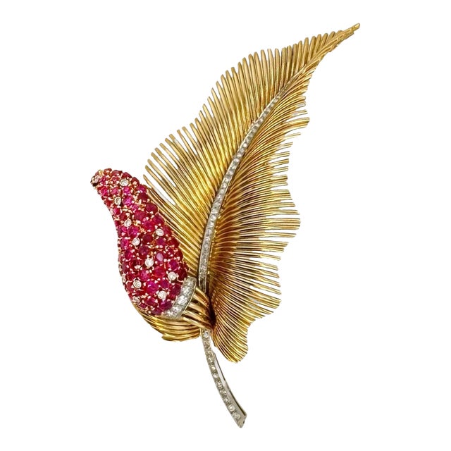 1940s Deco 18k Gold Leaf With Ruby and Diamond Spadix Brooch For Sale