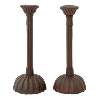 Japanese Patinated Bronze Candle Prickets, Pair For Sale