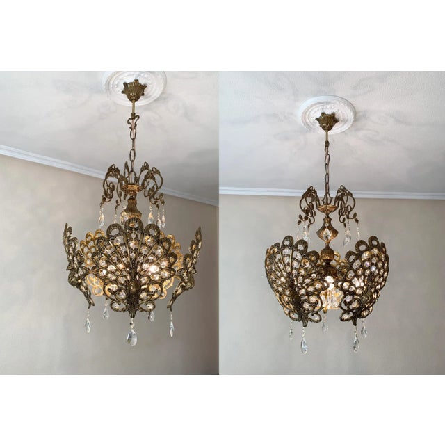Large 1960s Brass & Crystal Peacock Bird Chandelier For Sale - Image 11 of 13