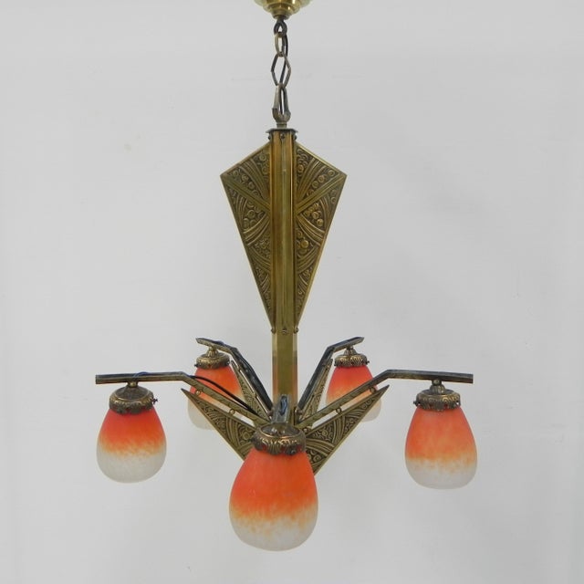 Art Deco Brass Hanging Lamp with Pates De Verre Shades, 1930s For Sale - Image 3 of 18