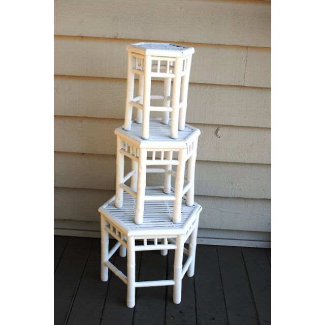 Mid-Century Modern Mid Century White Bamboo Nesting Stacking Tables - Set 3 For Sale - Image 3 of 5