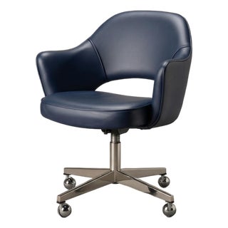 Saarinen Executive Arm Chair in Ink Blue Leather on Stainless Steel Base by Knoll For Sale