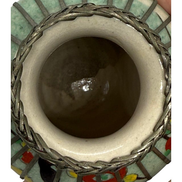 Metal Mid 20th Century Japanese Silver Wire Wrapped Hand Painted Pottery Vase With Multicolored Floral Design For Sale - Image 7 of 12