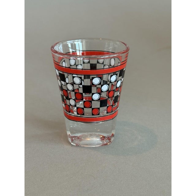 Glass Vintage Art Deco Red White Black Checkered Shot Glass Clear Glass For Sale - Image 7 of 7