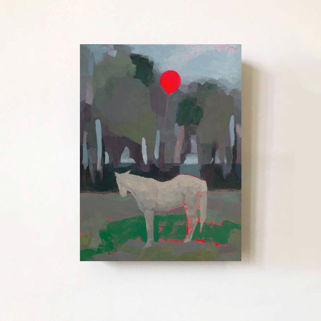 Leaving by Shelli Langdale | Oil and acrylic on gallery panel of a horse with a red balloon For Sale - Image 4 of 4